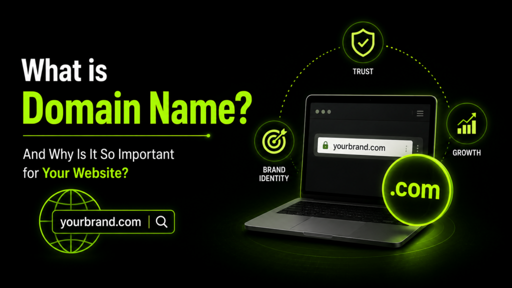 Domain name displayed in a web browser with website address, branding, security, and online identity elements representing a professional web presence.