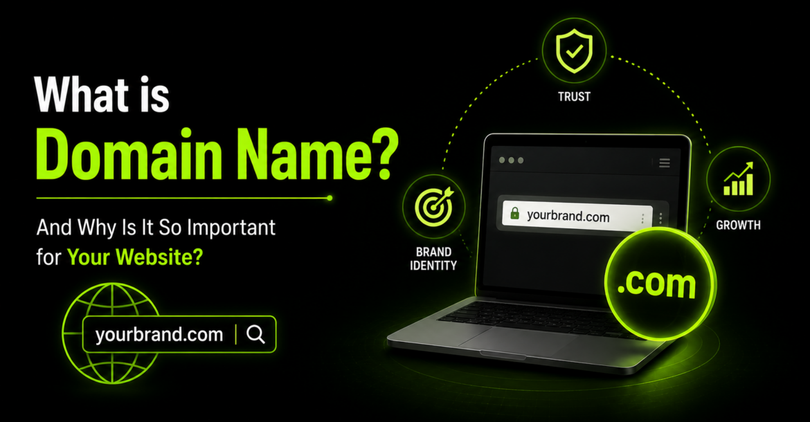 Domain name displayed in a web browser with website address, branding, security, and online identity elements representing a professional web presence.
