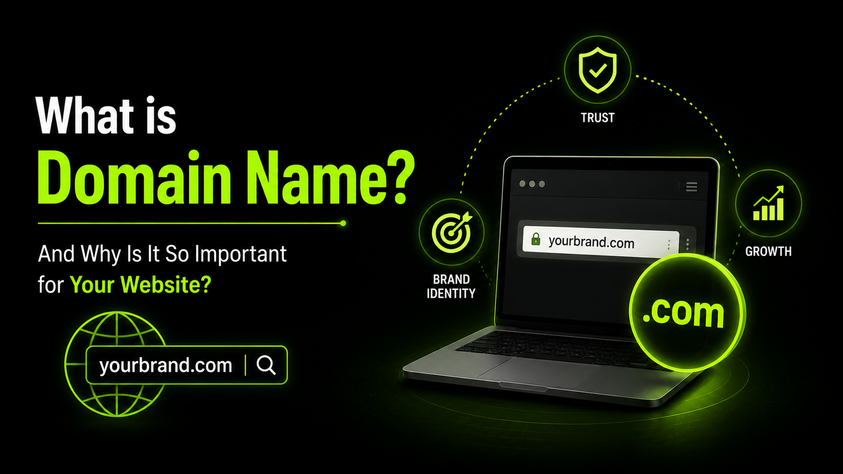 Domain name displayed in a web browser with website address, branding, security, and online identity elements representing a professional web presence.