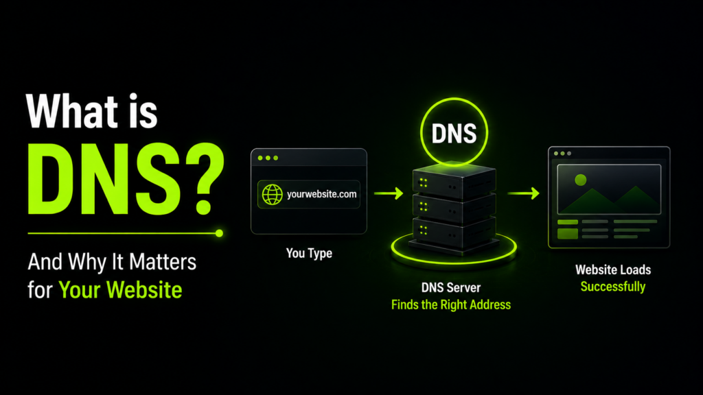 DNS server connecting a domain name to a website, showing how DNS helps users access websites quickly and reliably.