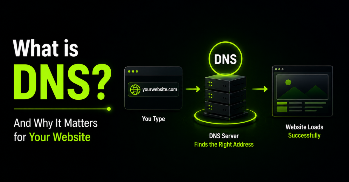 DNS server connecting a domain name to a website, showing how DNS helps users access websites quickly and reliably.