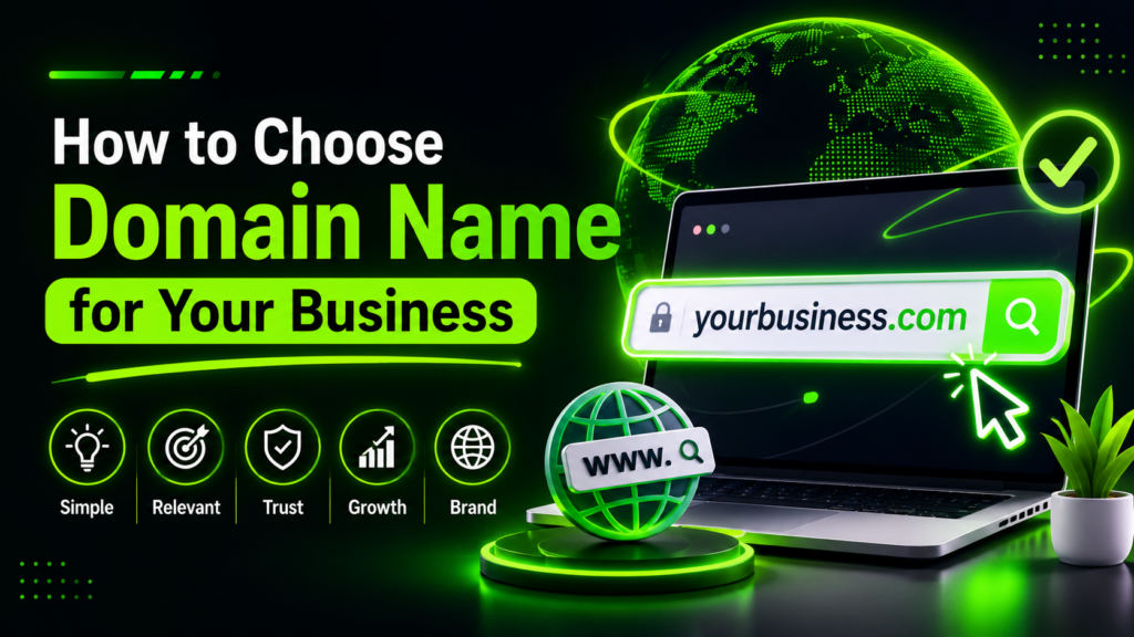Business domain name search with website address, branding elements, and online identity icons representing the process of choosing a professional domain name.