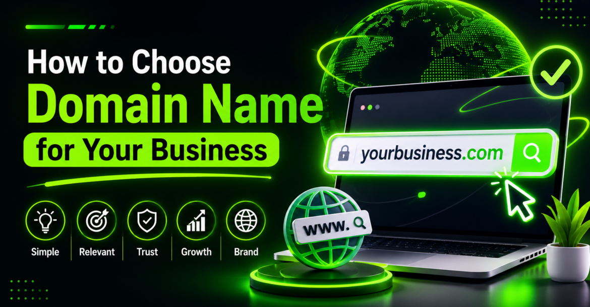 Business domain name search with website address, branding elements, and online identity icons representing the process of choosing a professional domain name.