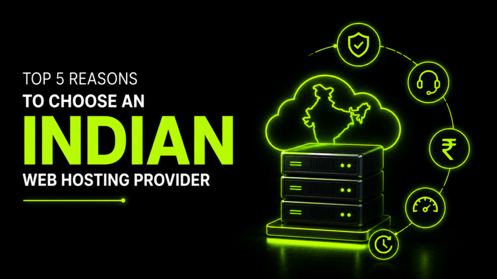 Indian web hosting servers with cloud infrastructure, security, speed, support, and performance icons representing reliable local hosting services.
