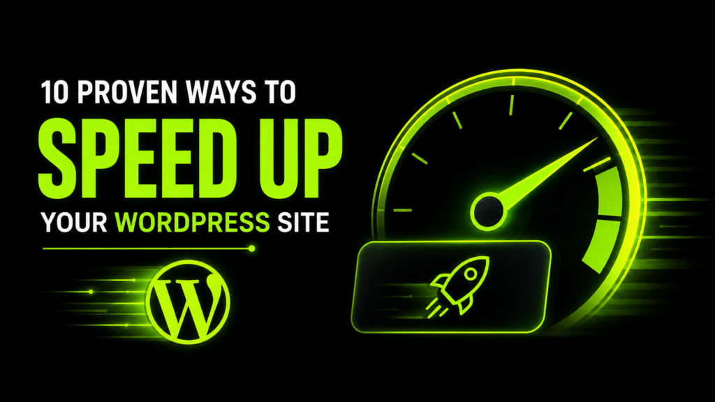 WordPress website speed optimization with performance meter, fast loading technology, and website acceleration concept.
