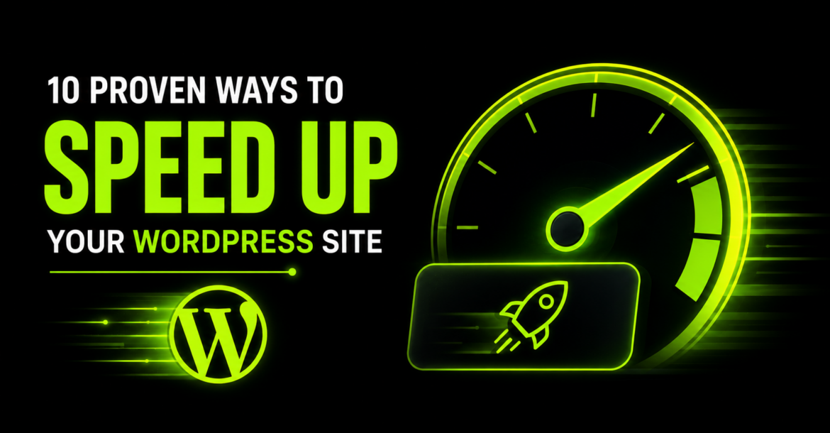WordPress website speed optimization with performance meter, fast loading technology, and website acceleration concept.