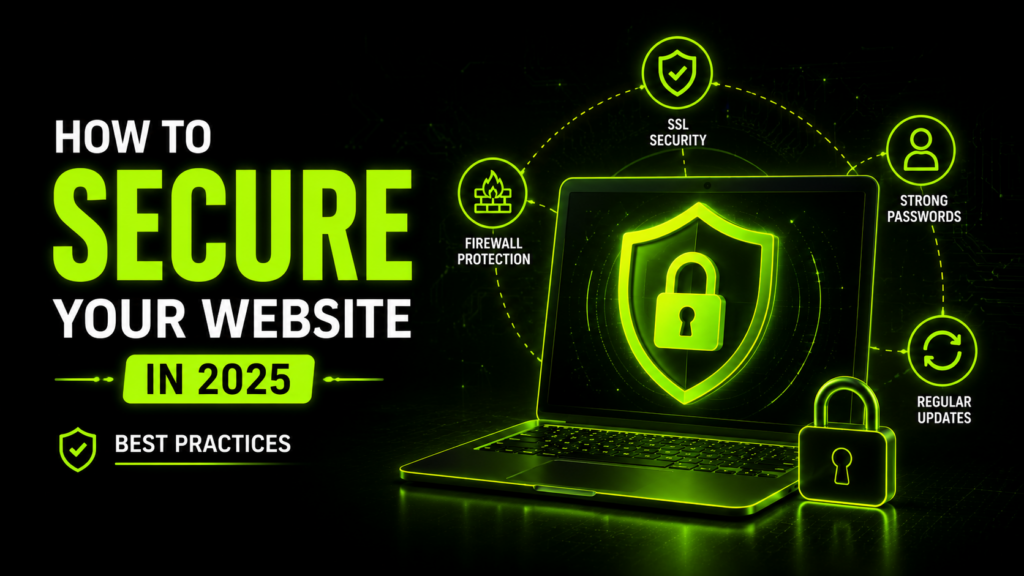 Website security concept with a protected laptop, shield, SSL protection, firewall security, and cybersecurity icons for secure web hosting.