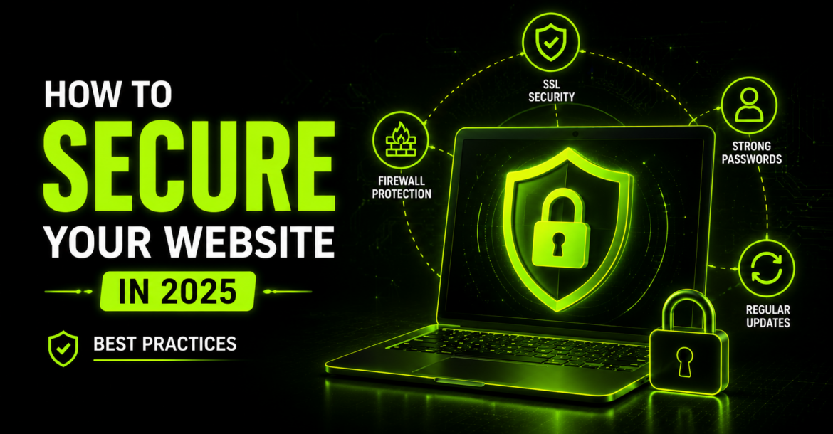 Website security concept with a protected laptop, shield, SSL protection, firewall security, and cybersecurity icons for secure web hosting.
