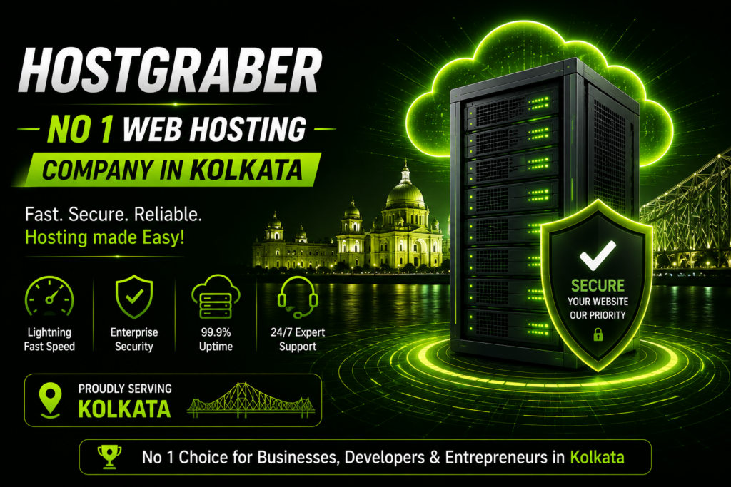 Modern server infrastructure with cloud technology and security shield representing fast, secure, and reliable web hosting services in Kolkata.