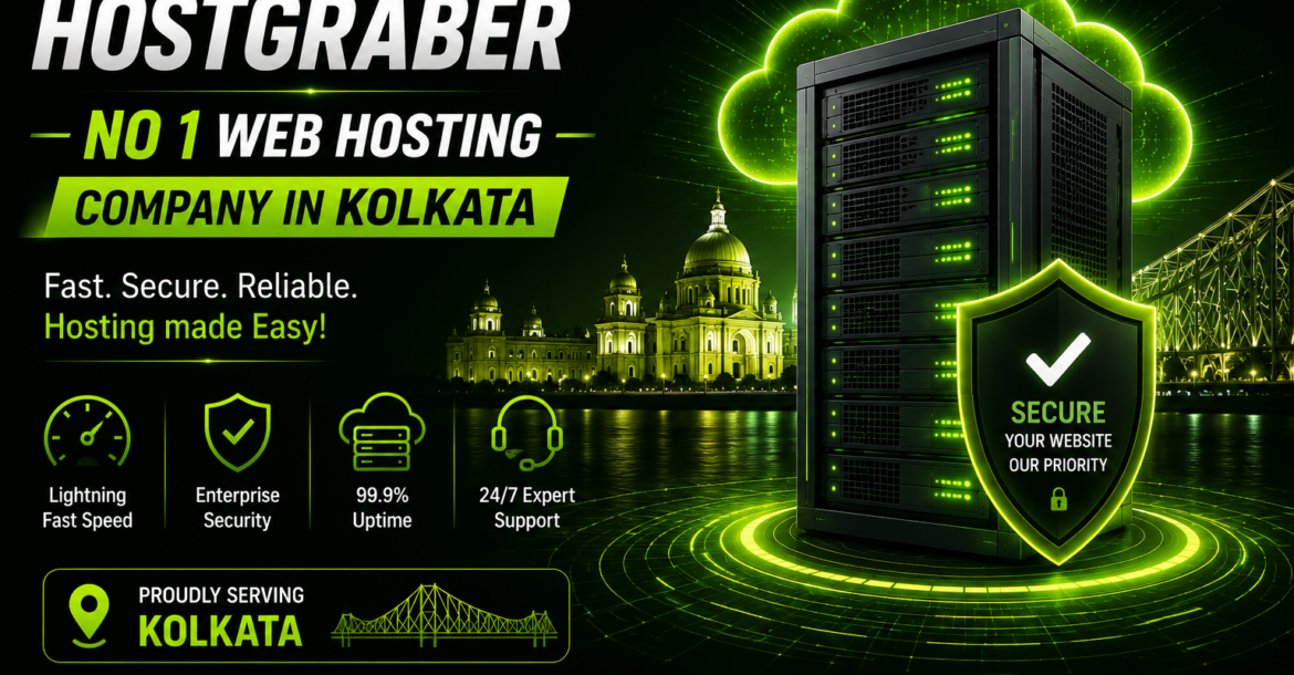 Modern server infrastructure with cloud technology and security shield representing fast, secure, and reliable web hosting services in Kolkata.