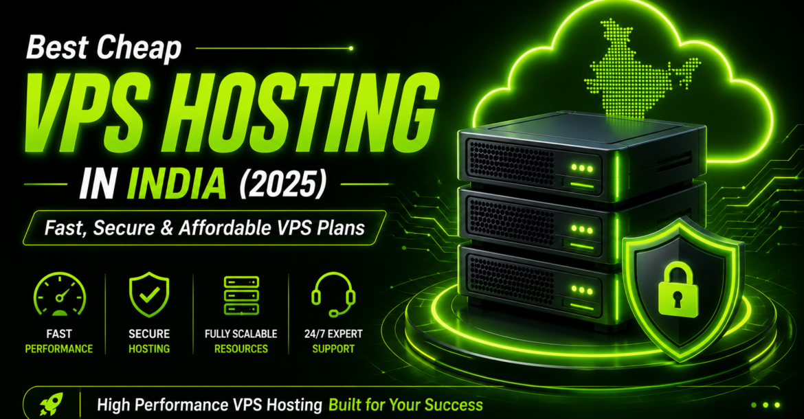 Modern VPS server infrastructure with cloud technology and security shield representing fast, secure, and affordable VPS hosting in India.