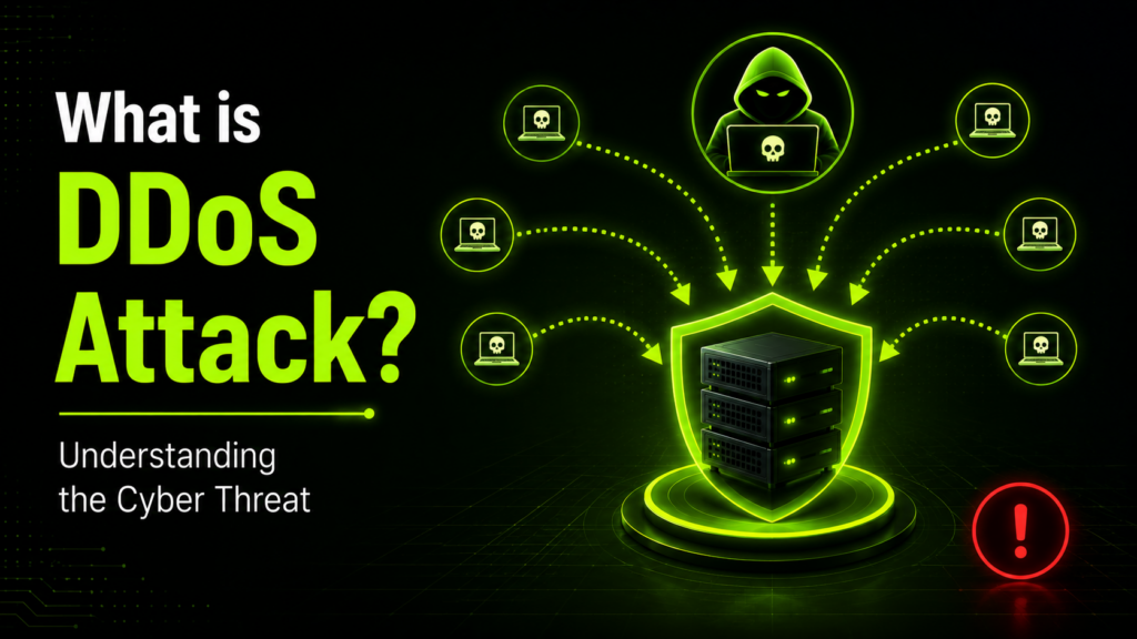 DDoS attack concept showing malicious traffic targeting a protected server, representing cybersecurity threats and website security.