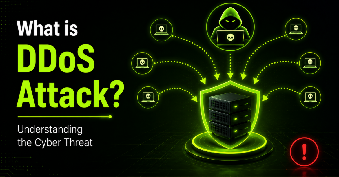 What is DDoS Attack? Understanding the Cyber Threat 6 DDoS attack concept showing malicious traffic targeting a protected server, representing cybersecurity threats and website security.