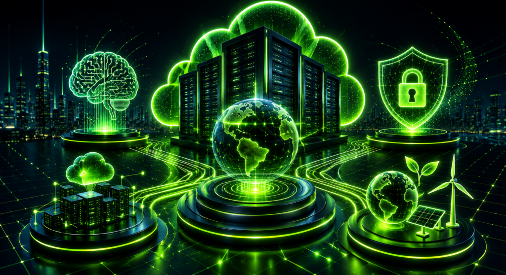 Web hosting trends 2026 featuring AI, edge computing, cybersecurity, cloud infrastructure and sustainable hosting