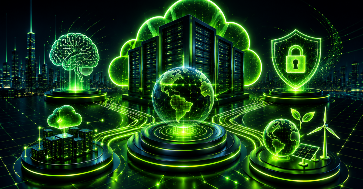 Web hosting trends 2026 featuring AI, edge computing, cybersecurity, cloud infrastructure and sustainable hosting
