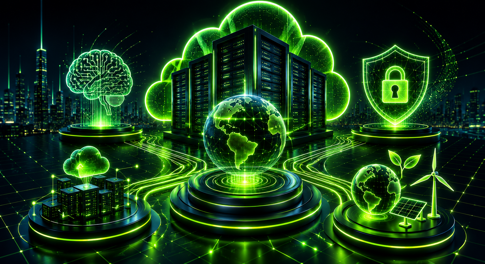Web hosting trends 2026 featuring AI, edge computing, cybersecurity, cloud infrastructure and sustainable hosting