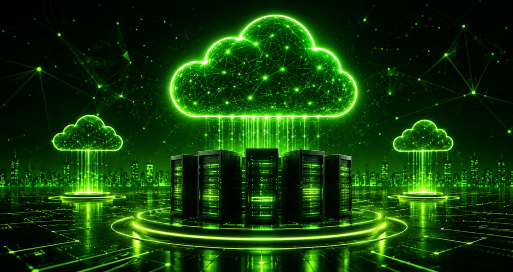 Futuristic AI-powered multi-cloud hosting infrastructure with neon green cloud computing network, enterprise servers, and connected data center technology. Ai hosting trends 2026