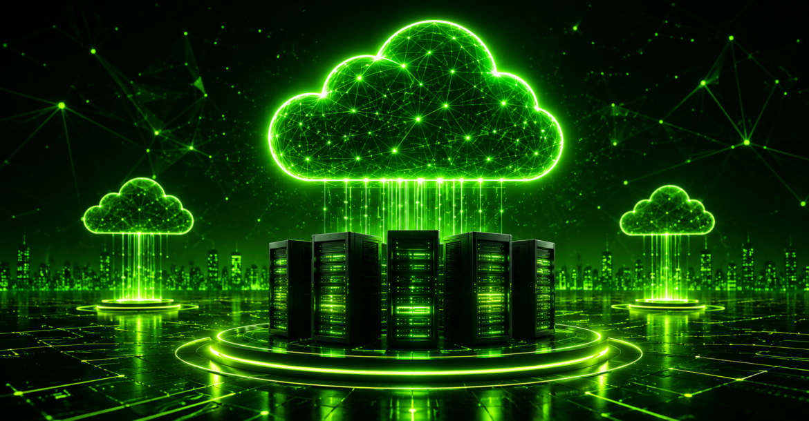 Futuristic AI-powered multi-cloud hosting infrastructure with neon green cloud computing network, enterprise servers, and connected data center technology. Ai hosting trends 2026