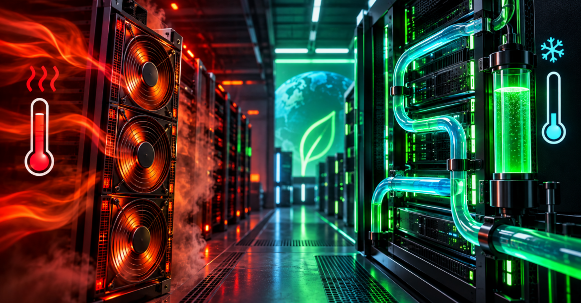 Servers Are Getting Too Hot for Fans Why Liquid Cooling Is Suddenly Everywhere 2 Futuristic data center showing overheated air-cooled servers with fans alongside liquid-cooled server racks featuring glowing coolant pipes and green technology.