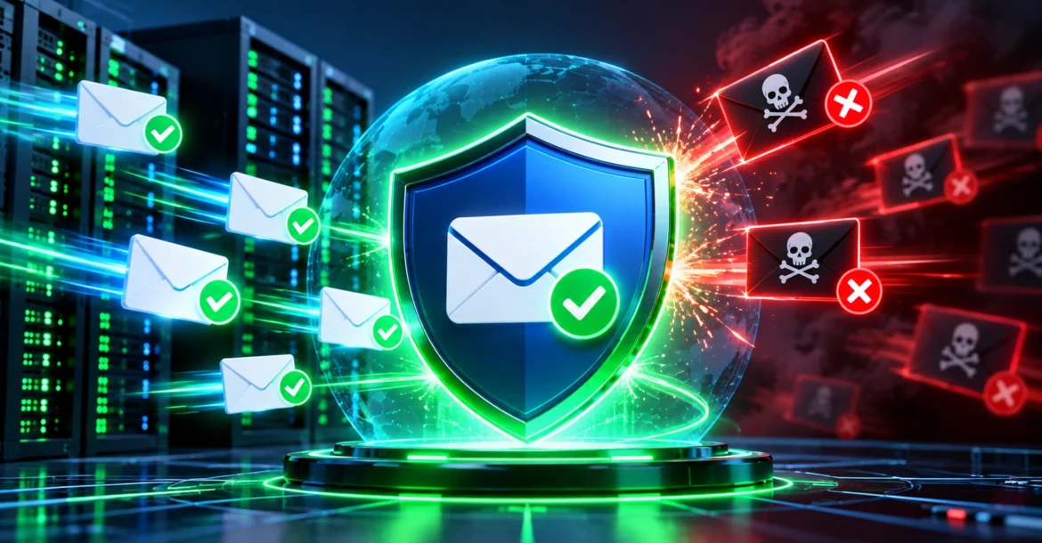 DMARC email authentication with SPF and DKIM protecting a business domain from email spoofing