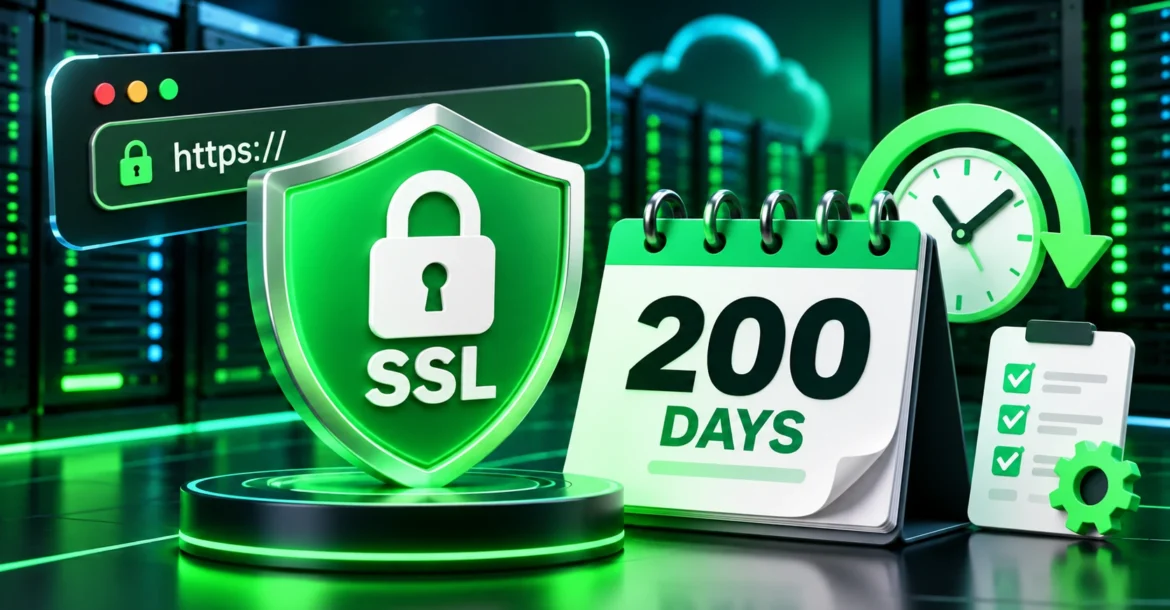 SSL certificate lifetime timeline: 200 days in 2026, 100 days in 2027, 47 days in 2029