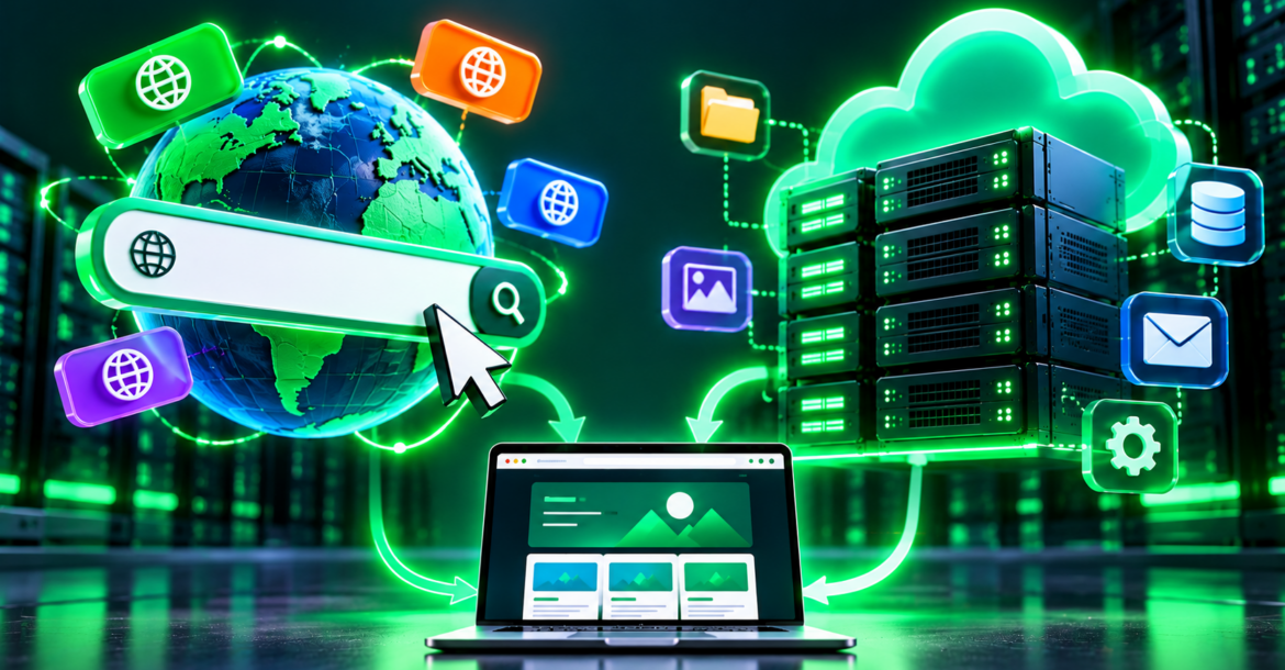 Difference between hosting and domain name: domain points through DNS to the hosting server