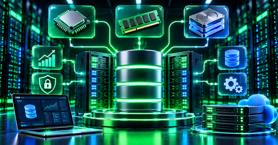 server for database showing RAM, NVMe storage and CPU sizing